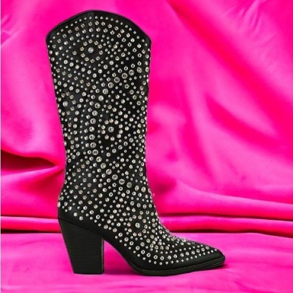 Beast AUTUMN Tall Black Faux Leather Stud & Rhinestone Embellished Cowboy Boots - Picture 4 of 7